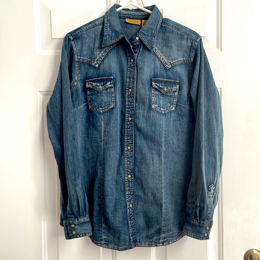 Wrangler Denim Shirt with Pearl Snap Buttons and Embroidered Design at Back